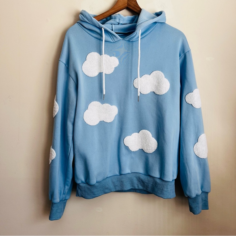 Romwe Novelty Cloud embroidery Blue & White Sky Hoodie long sleeve M 6